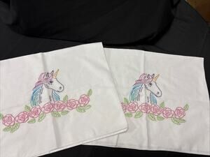 2-homemade Pillowcases With Embroidered Unicorn
